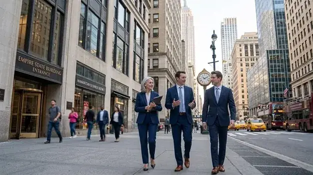 Tres ejecutivos de traje caminan juntos por una calle de Nueva York, junto a la entrada del Empire State Building