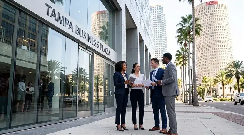 Cuatro profesionales conversan con documentos en la mano frente al edificio Tampa Business Plaza, con palmeras y torres de oficinas al fondo